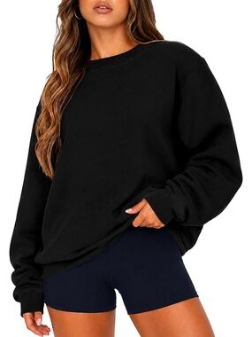 Women's Black Solid Oversized Crewneck Long Sleeve Christmas Pullover Sweatshirt
